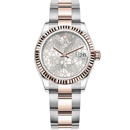 Datejust 31 31mm Oyster Bracelet Oystersteel and Everose Gold with Silver Floral-Motif Diamond-Set Dial Fluted Bezel