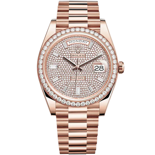 Rolex Day Date Ref. 228345RBR 40MM Rose Gold Pave Dial/Baguette Markers with Diamond Bezel