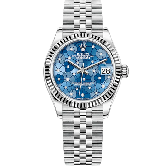 Datejust 31 31mm Jubilee Bracelet Oystersteel and White Gold with Azzurro-Blue Floral-Motif Diamond-Set Dial Fluted Bezel