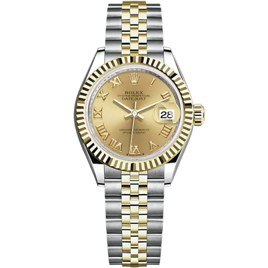 Lady-DateJust 28mm Oystersteel Jubilee Bracelet and Yellow Gold with Champagne-Colour Dial Fluted Bezel