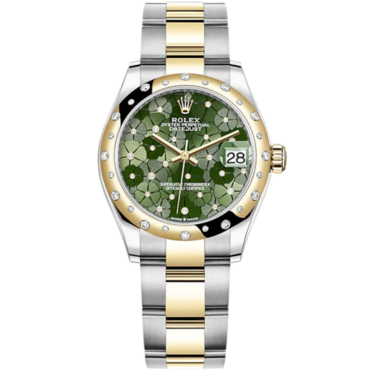 Datejust 31 31mm Oyster Bracelet Oystersteel and Yellow Gold with Olive-Green Floral-Motif Diamond-Set Dial Diamond-Set Bezel