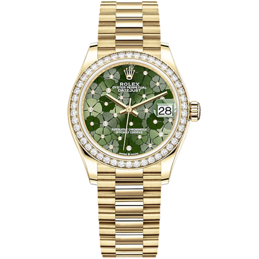 Datejust 31 31mm President Bracelet and 18 CT Yellow Gold with Olive-Green Floral-Motif Diamond Set Dial Diamond-Set Bezel