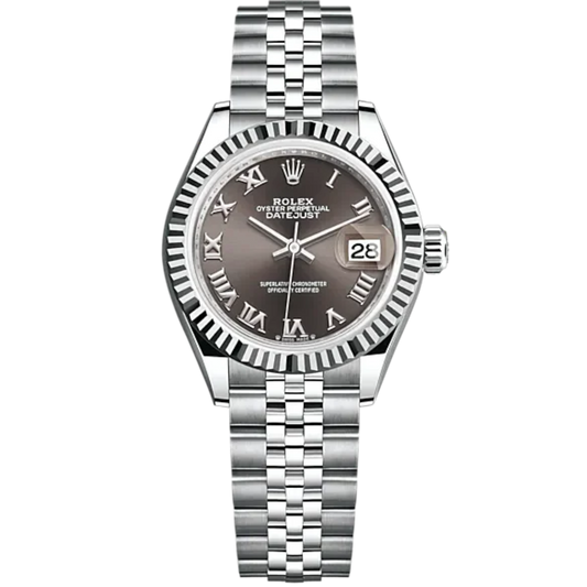 Lady-DateJust 28mm Oystersteel Jubilee Bracelet and White Gold with Dark Grey Dial Fluted Bezel