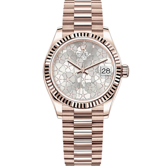 Datejust 31 31mm President Bracelet and Everose Gold with Silver Floral-Motif Diamond-Set Dial Fluted Bezel