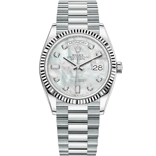 Day-Date 36 36mm President Bracelet and 18 KT White Gold with White Mother-of-Pearl Diamond-Set Dial Fluted Bezel