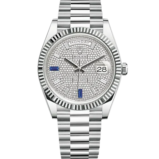 Day-Date 40 40mm President Bracelet and 18 KT White Gold with Diamond-Paved Dial and Fluted Bezel