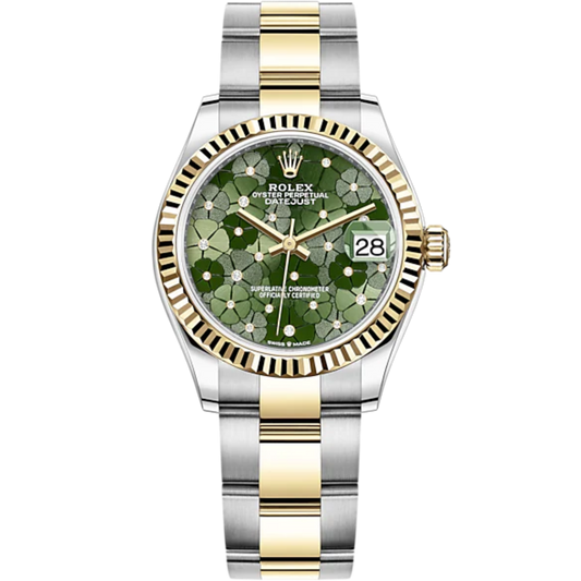 Datejust 31 31mm Oyster Bracelet Oystersteel and Yellow Gold with Olive-Green Floral-Motif Diamond-Set Dial Fluted Bezel