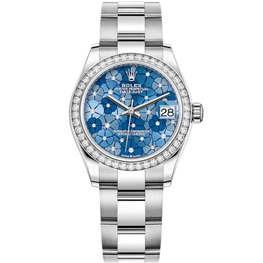 Datejust 31 31mm Oyster Bracelet Oystersteel and White Gold with Blue Floral-Motif Diamond-Set Dial Diamond-Set Bezel