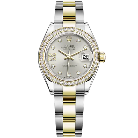 Lady-DateJust 28mm Oyster Oystersteel Bracelet and Yellow Gold with Silver Dial Diamond-Set Dial and Diamond-Set Bezel