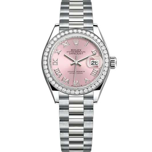 Lady-DateJust 28mm President Bracelet and 18 KT White Gold with Pink Roman Dial and Diamond-Set Bezel