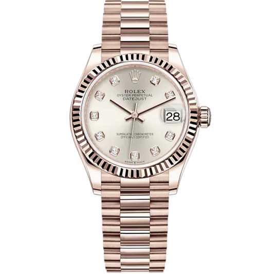 Datejust 31 31mm President Bracelet and 18 CT Everose Gold with Silver Diamond-Set Dial Fluted Bezel
