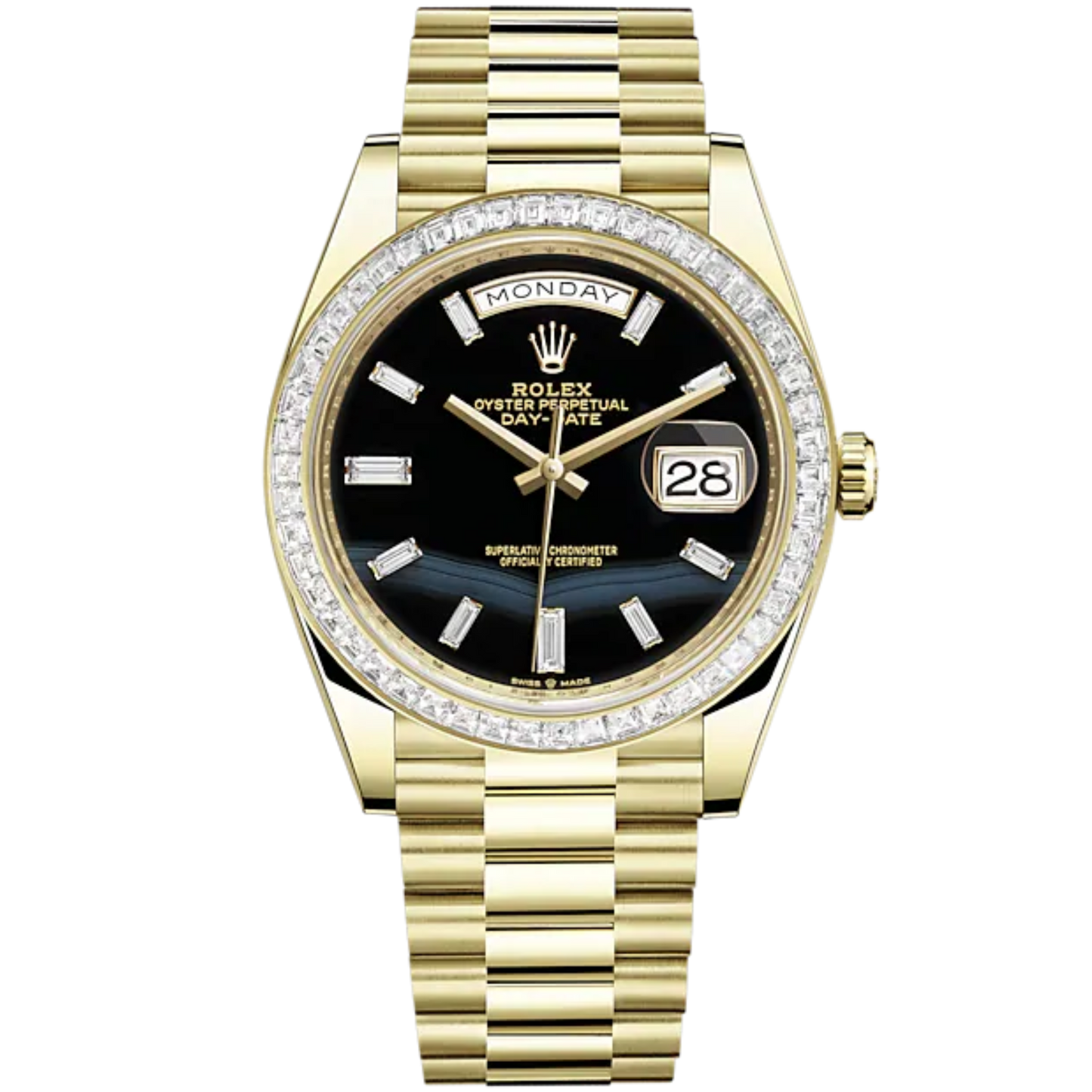 Day-Date 40 40mm President Bracelet and 18 KT Yellow Gold with Onyx Dial Diamond-Set Dial and Diamond-Set Bezel