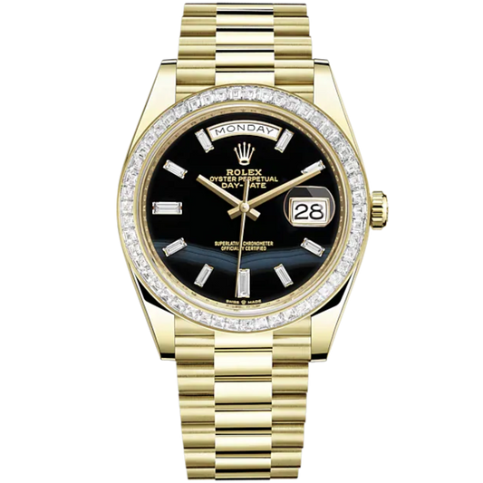 Day-Date 40 40mm President Bracelet and 18 KT Yellow Gold with Onyx Dial Diamond-Set Dial and Diamond-Set Bezel