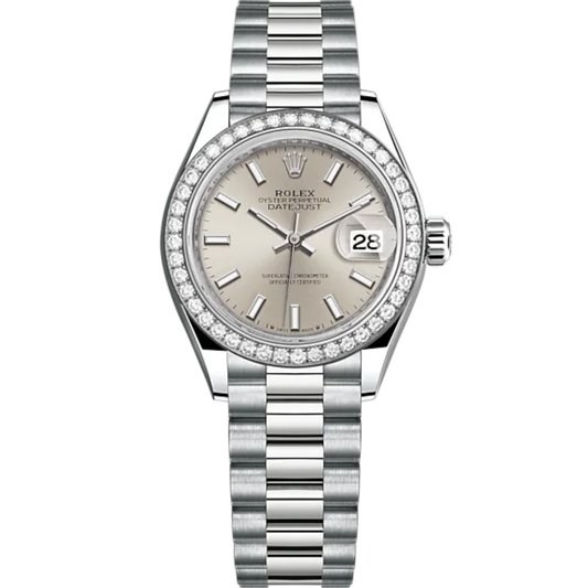 Lady-DateJust 28mm President Bracelet and 18 KT White Gold with Silver Dial and Diamond-Set Bezel