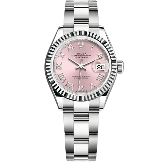 Lady-DateJust 28mm Oyster Oystersteel Bracelet and White Gold with Pink Dial Fluted Bezel