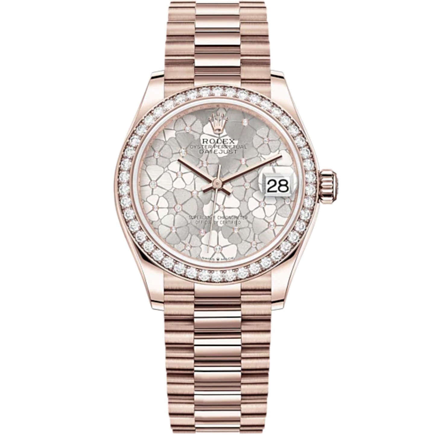 Datejust 31 31mm President Bracelet and 18 CT Everose Gold with Silver Floral-Motif Diamond-Set Dial Diamond-Set Bezel
