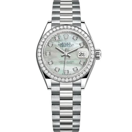 Lady-DateJust 28mm President Bracelet and 18 KT White Gold with White Mother-of Pearl Dial Diamond-Set Dial and Bezel