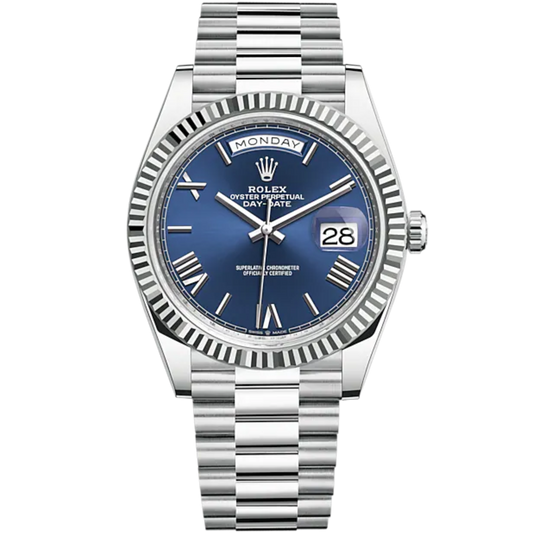 Day-Date 40 40mm President Bracelet and 18 KT White Gold with Bright Blue Dial and Fluted Bezel