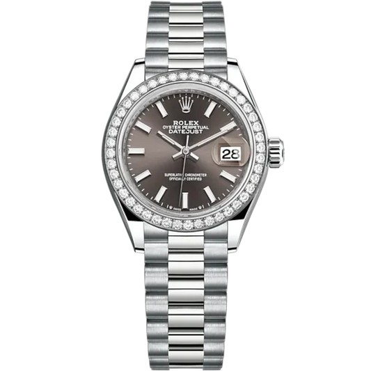 Lady-DateJust 28mm President Bracelet and 18 KT White Gold with Dark Grey Dial and Diamond-Set Bezel