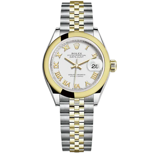 Lady-DateJust 28mm Jubilee Oystersteel Bracelet and Yellow Gold with White Dial and Domed Bezel