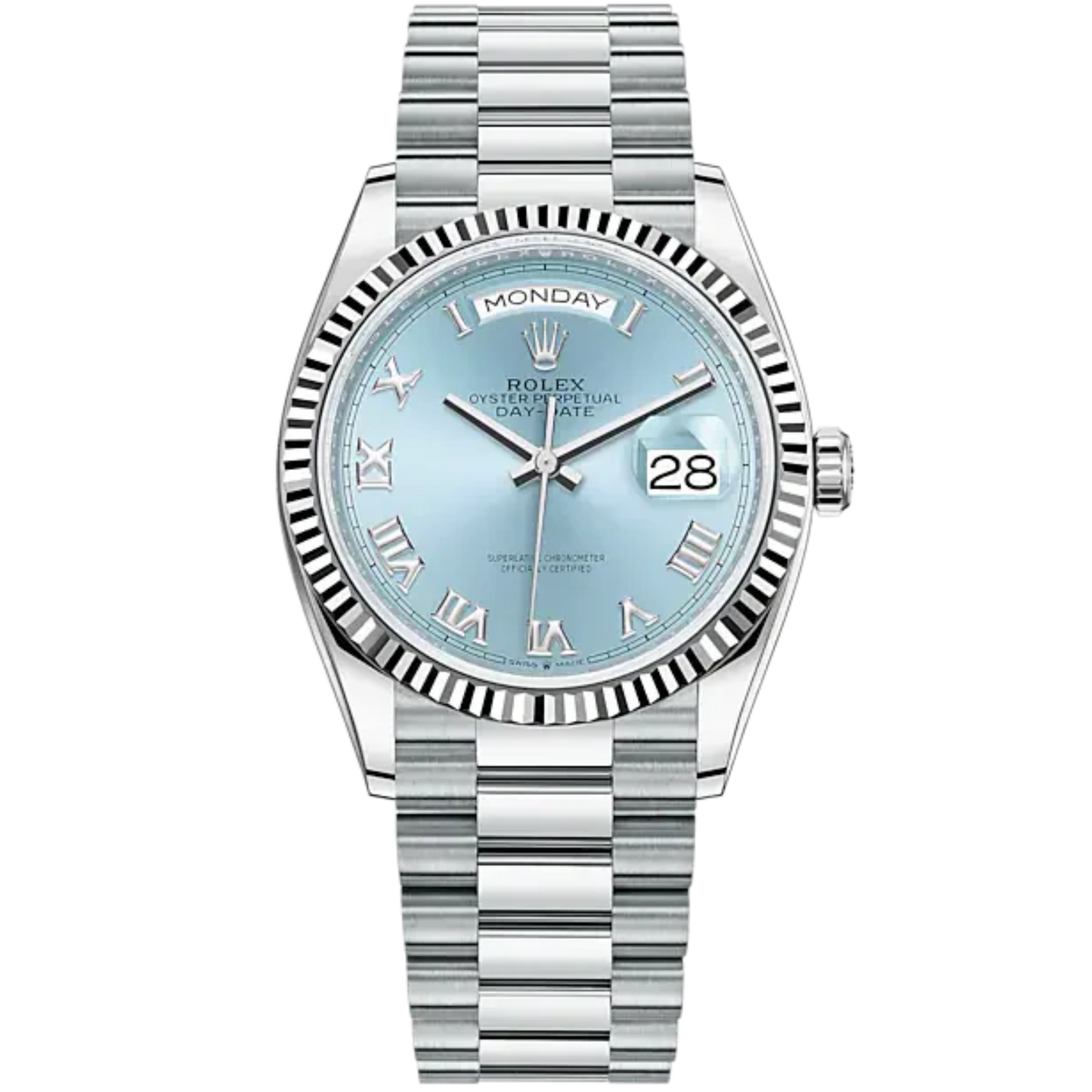 Day-Date 36 36mm President Bracelet and Platinum with Ice-Blue Dial Fluted Bezel