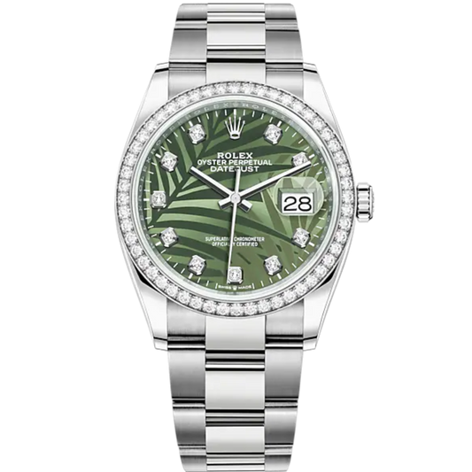 Datejust 36 36mm Oystersteel and White Gold Oyster Bracelet Olive Green Palm-Motif Diamond-set Dial Diamond-set Bezel