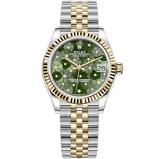 Datejust 31 31mm Jubilee Bracelet Oystersteel and Yellow Gold with Olive-Green Floral-Motif Diamond-Set Dial Fluted Bezel