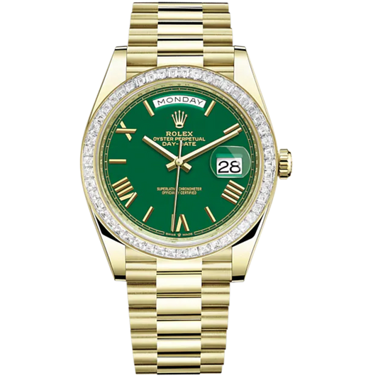 Day-Date 40 40mm President Bracelet and 18 KT Yellow Gold with Green Dial and Diamond-Set Bezel