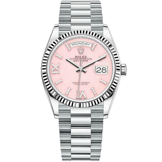 Day-Date 36 36mm President Bracelet and Platinum with Pink Opal Dial Diamond-Set Dial Fluted Bezel