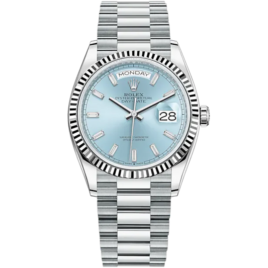 Day-Date 36 36mm President Bracelet and Platinum with Ice-Blue Dial Diamond-Set Bezel Fluted Bezel