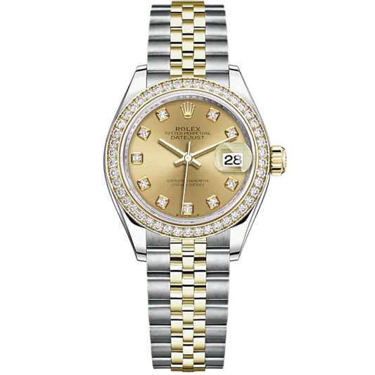 Lady-DateJust 28mm Oystersteel Jubilee Bracelet and Yellow Gold with Champagne-Colour Dial Diamond-Set Dial and Diamond-Set Bezel