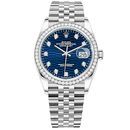 Datejust 36 36mm Oystersteel and White Gold Jubilee Bracelet Bright Blue Fluted-Motif Diamond-set Dial Diamond-set Bezel