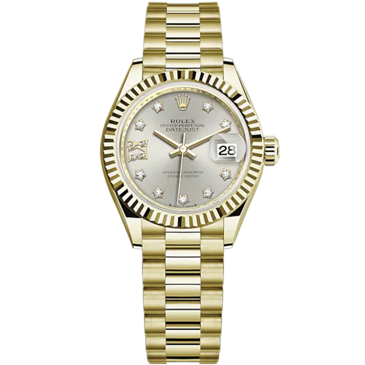 Lady-DateJust 28mm President Bracelet and 18 KT Yellow Gold with Silver Dial Diamond-Set Dial and Fluted Bezel