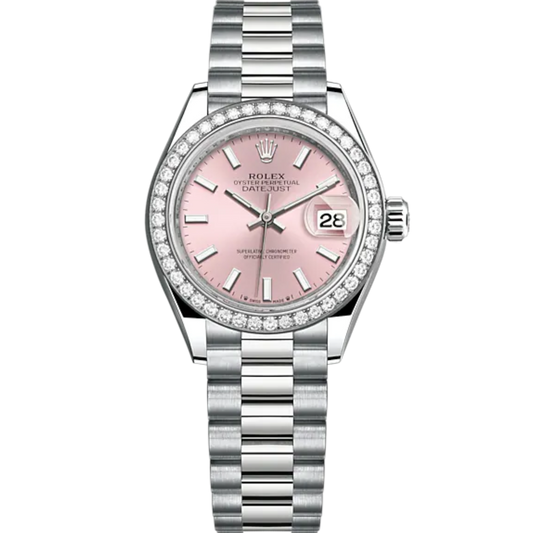 Lady-DateJust 28mm President Bracelet and 18 KT White Gold with Pink Dial and Diamond-Set Bezel