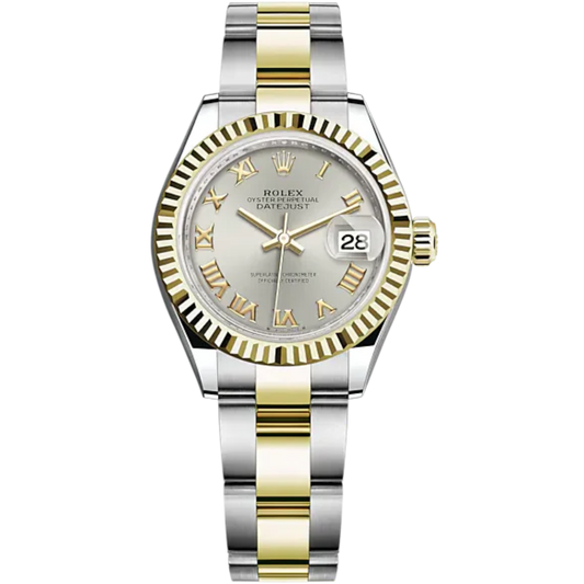 Lady-DateJust 28mm Oyster Oystersteel Bracelet and Yellow Gold with Silver Dial and Fluted Bezel