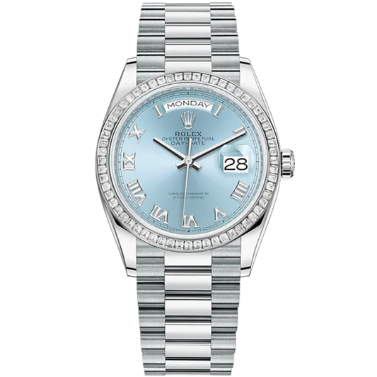 Day-Date 36 36mm President Bracelet and Platinum with Ice-Blue Roman Dial Diamond-Set Bezel