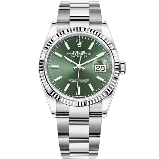 Rolex Datejust Ref. 126234 36mm White Gold Oyster Bracelet Green Dial Fluted Bezel
