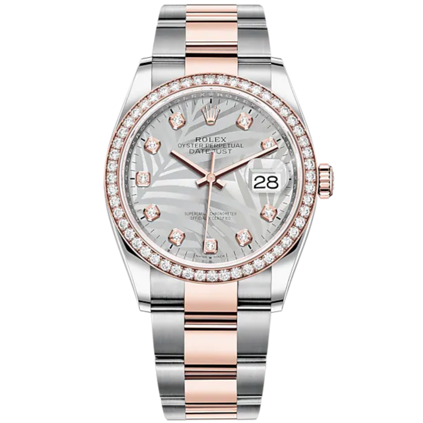 Datejust 36 36mm Oystersteel Everose Gold Oyster Bracelet Silver Palm-Motif Diamond-set Dial Diamond-set Bezel