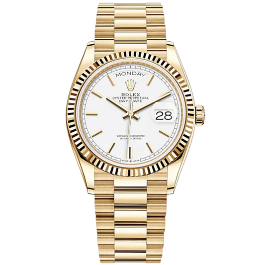 Day-Date 36 36mm President Bracelet and 18 KT Yellow Gold with White Dial Fluted Bezel