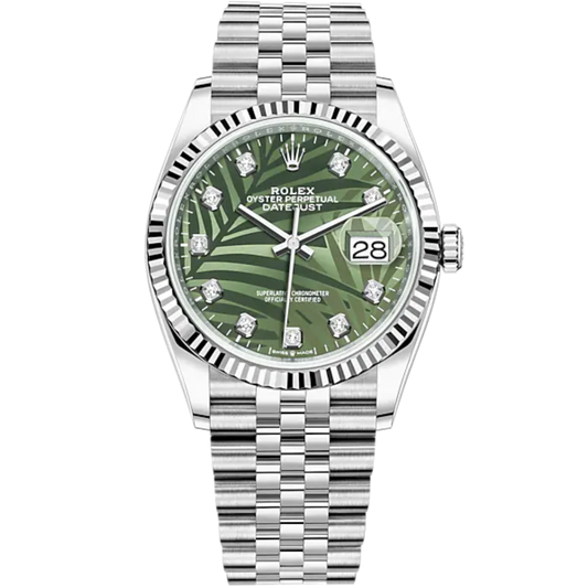 Rolex Datejust Ref. 126234 36mm White Gold Jubilee Bracelet Olive Green Palm-Motif Diamond-set Dial