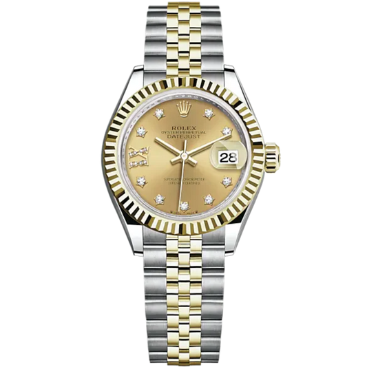 Lady-DateJust 28mm Oystersteel Jubilee Bracelet and Yellow Gold with Champagne-Colour Dial Diamond-Set Dial and Fluted Bezel