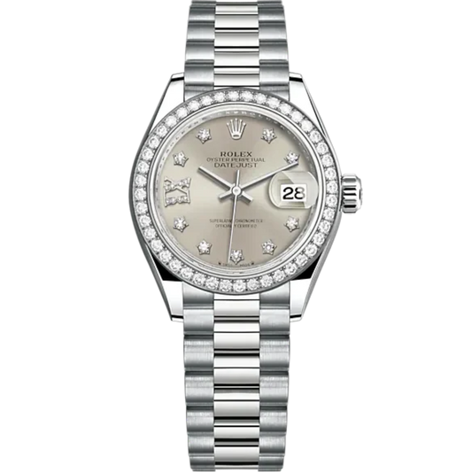 Lady-DateJust 28mm President Bracelet and 18 KT White Gold with Silver Dial and Diamond-Set Bezel and Marker