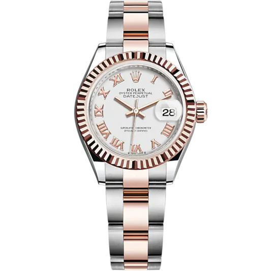 Lady-DateJust 28mm Oyster Oystersteel Bracelet and Everose Gold with White Dial and Fluted Bezel