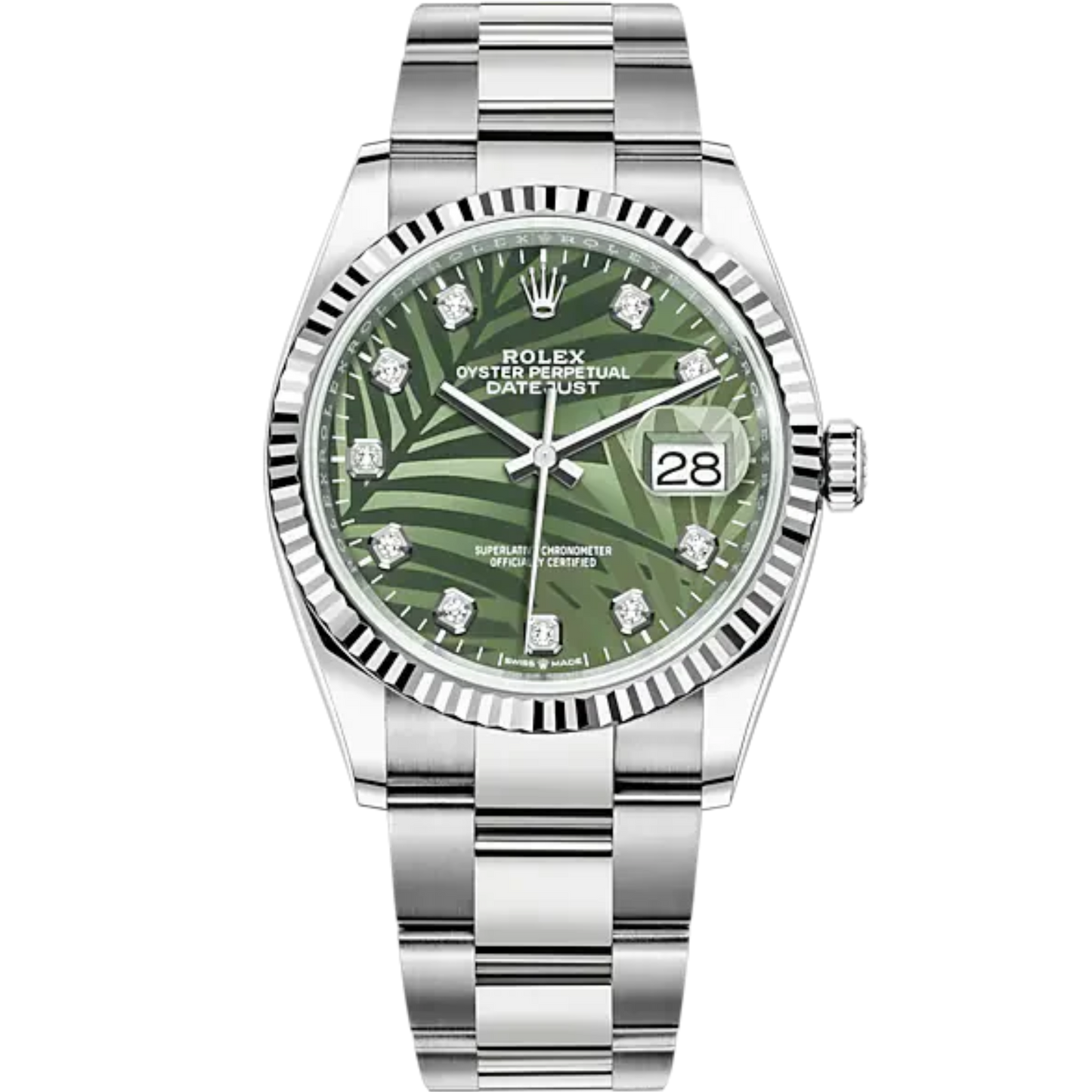 Rolex Datejust Ref. 126234 36mm White Gold Oyster Bracelet Olive Green Palm-Motif Diamond-set Dial