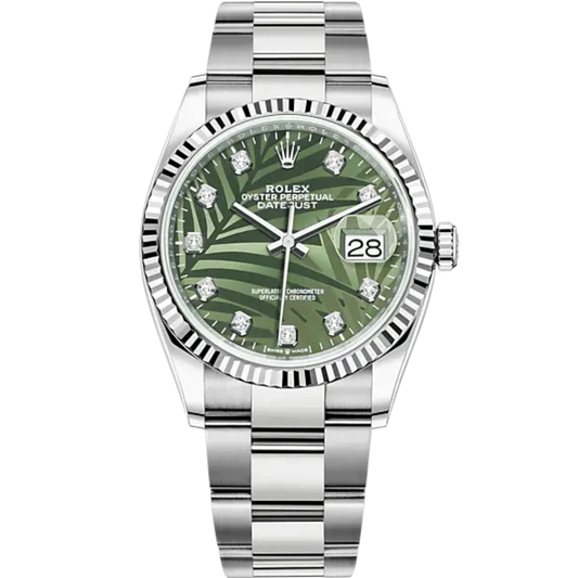 Rolex Datejust Ref. 126234 36mm White Gold Oyster Bracelet Olive Green Palm-Motif Diamond-set Dial