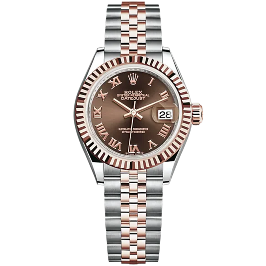 Lady-DateJust 28mm Oystersteel Jubilee Bracelet and Everose Gold with Chocolate Dial and Fluted Bezel