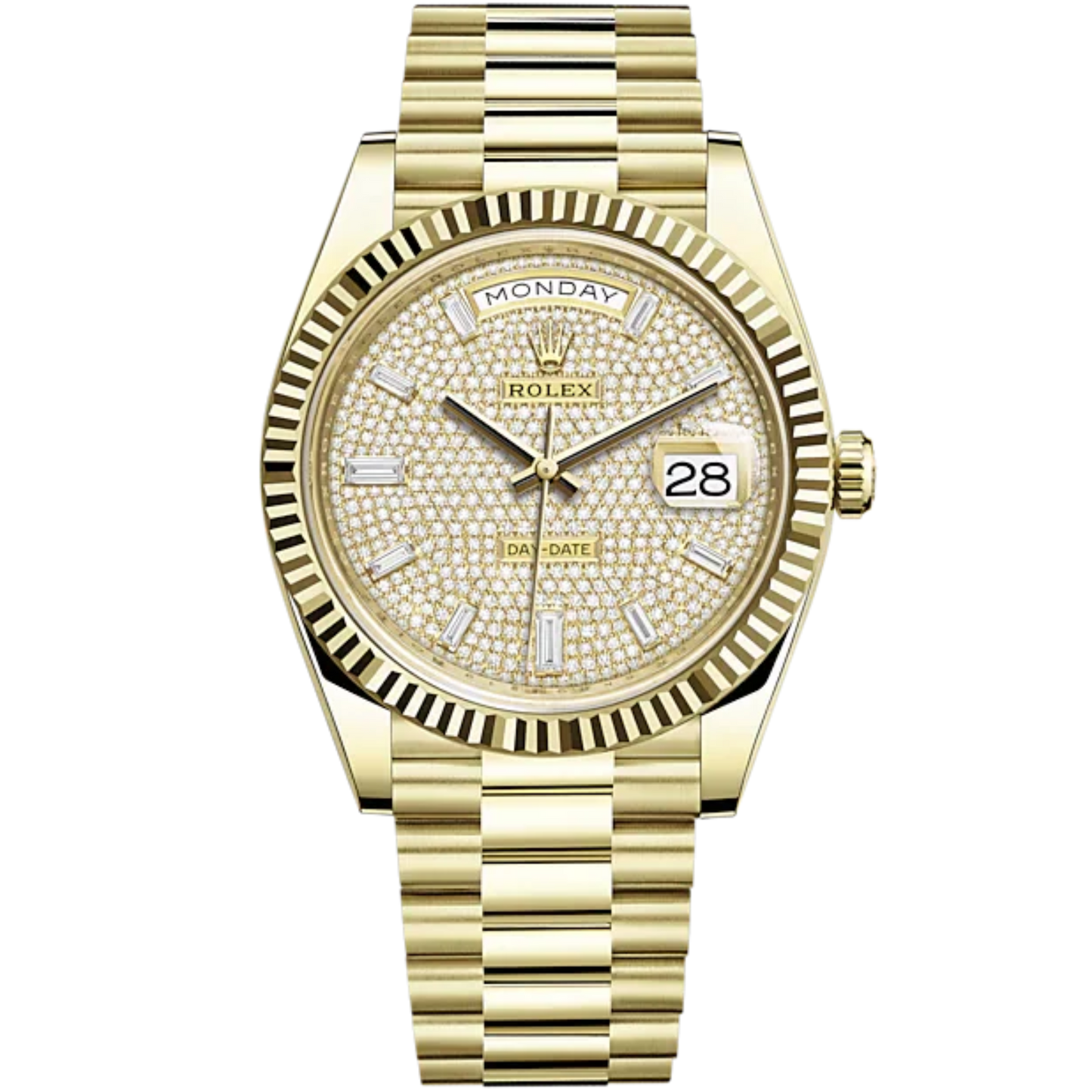 Rolex Day-Date Ref. 228238 40mm Yellow Gold with Diamond-Paved Dial and Fluted Bezel