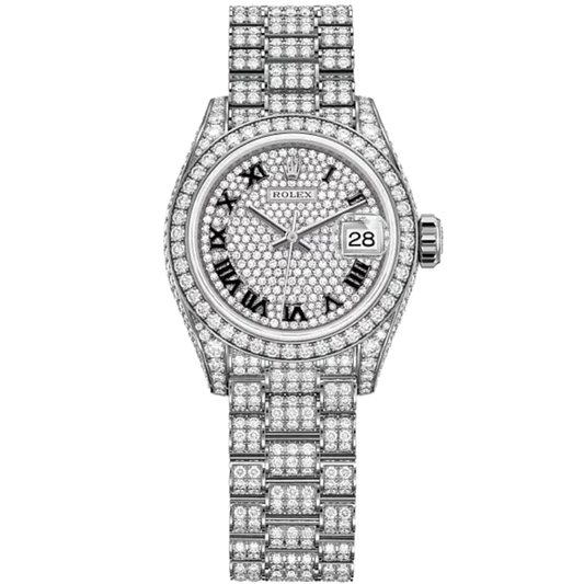 Lady-DateJust 28mm Diamond-Set President Bracelet and 18 KT White Gold with Diamond-Paved Dial and Diamond-Set Bezel