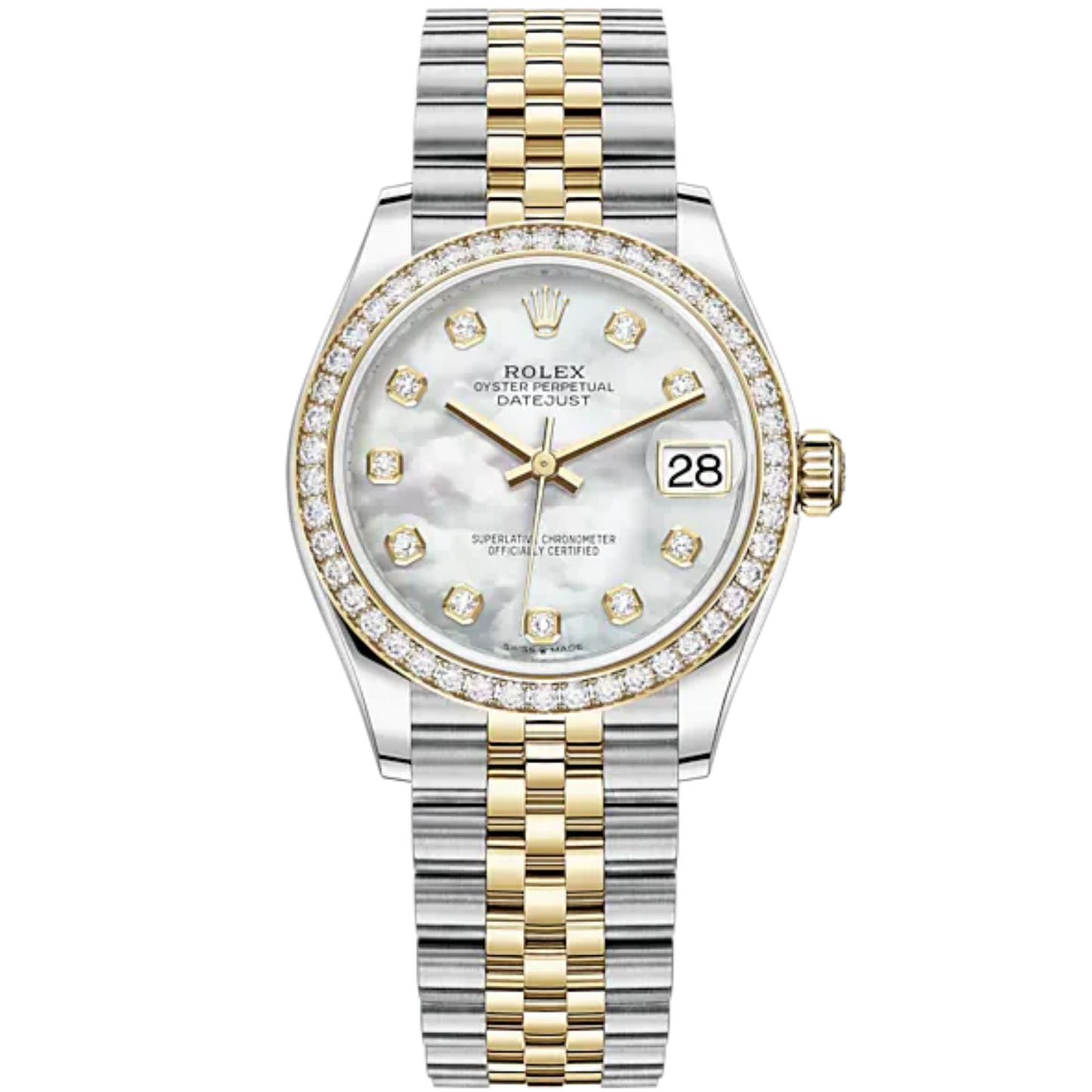 Datejust 31 31mm Jubilee Bracelet Oystersteel and Yellow Gold with White Mother-Of-Pearl Dial Diamond-Set Bezel