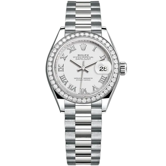 Lady-DateJust 28mm President Bracelet and 18 KT White Gold with White Dial and Diamond-Set Bezel